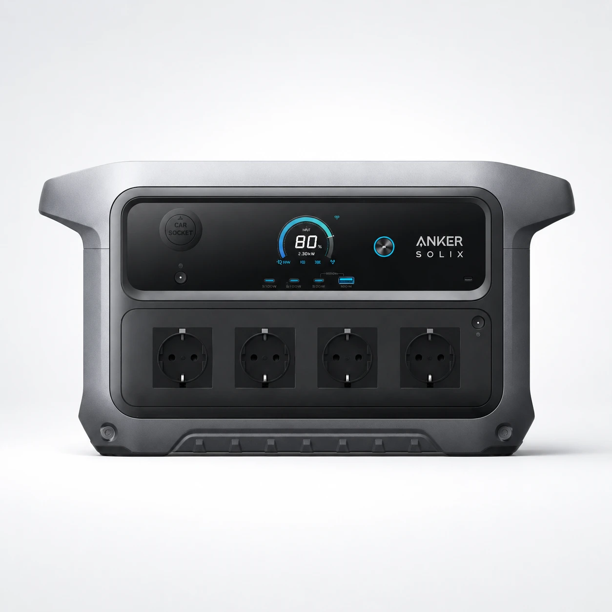 Передняя панель зарядной станции Anker SOLIX с дисплеем, розетками и USB-разъёмами